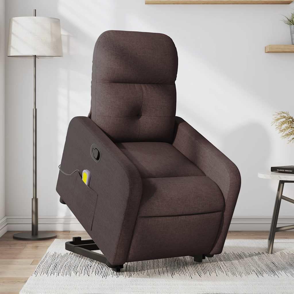 Sillón de masaje con ayuda para levantarse, funda de tela marrón oscuro, 6 puntos de vibración, función reclinable manual, cómodo sillón tapizado con reposabrazos, ideal como sillón de