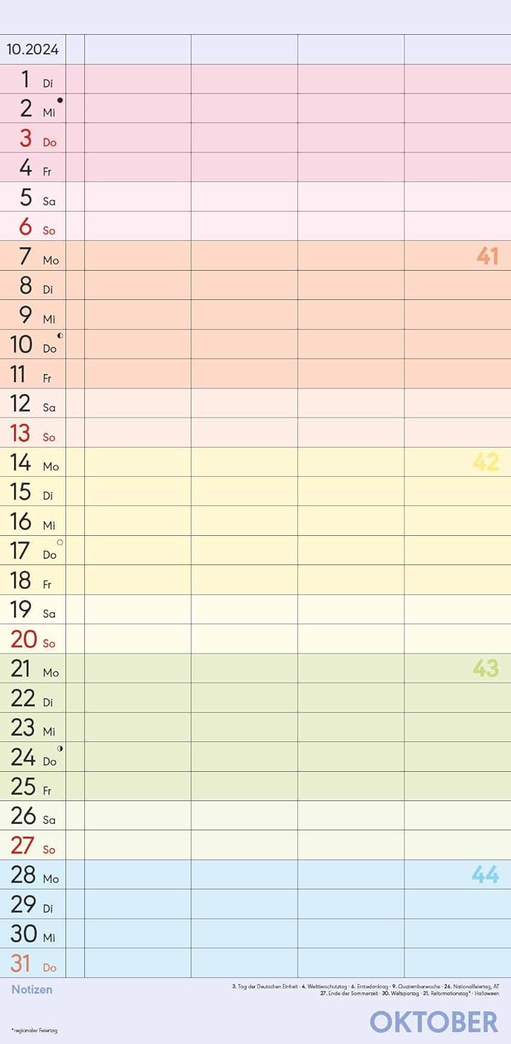 Alpha Edition - Colourful Family Planner 2025 Family Timer, 22 x 45 cm, Family Calendar with 4 Columns for Appointments, Plenty of Space for Note Options, Holiday Dates DE/AT/CH, German Calendar