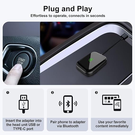 Wireless CarPlay & Android Auto Adapter 2-in-1 Plug & Play Solution, Converts Wired Systems to Wireless, Compatible with iPhone & Android