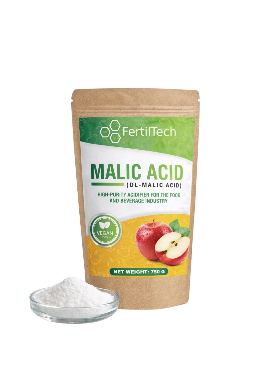 FertilTech Acide Malique Alimentaire 750 g Acidifiant Naturel Qualité Alimentaire Pour Boissons Confiseries et Pâtisseries Goût Acidulé Fruité Convient aux Recettes Maison Formule Vegan