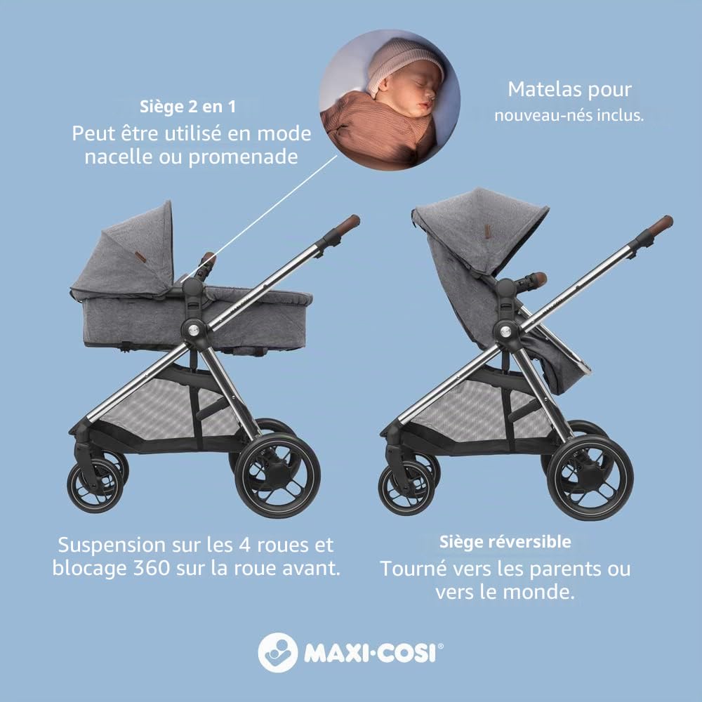 Maxi-Cosi Zelia Poussette Luxe 2 en 1, siège réversible, pliable à une main, convient dès la naissance jusqu'à environ 4 ans, 0 à 22 kg, gris Twillic