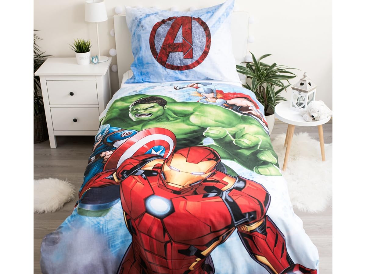 Jerry Fabrics Marvel Avengers - Set copripiumino e cuscino, 2 pazzi, per letto singolo, con Hulk and Iron Man Captain America Thor, 100% cotone