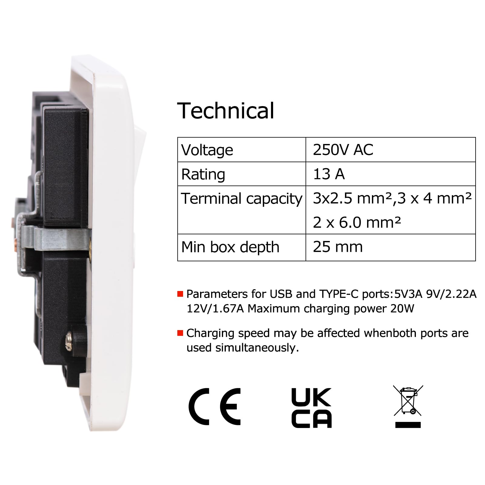Ledivion Double Wall Socket with USB C Port 20W Fast Charging Standard UK Plug Socket 13 Amp 2 Gang White - Image 2