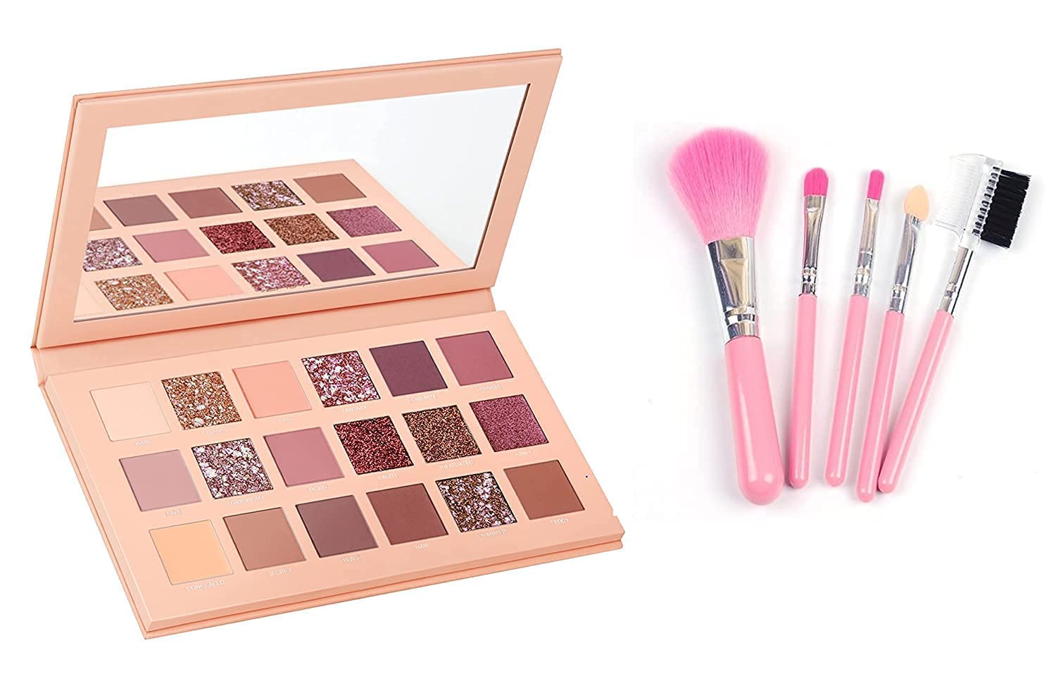 K.Y.L. Plus Nude Eye Shadow Palette (18 Shade in 1 Kit) With Mirror With Pink Makeup Brush Set of 5Pcs, Shimmery & Matte Finish