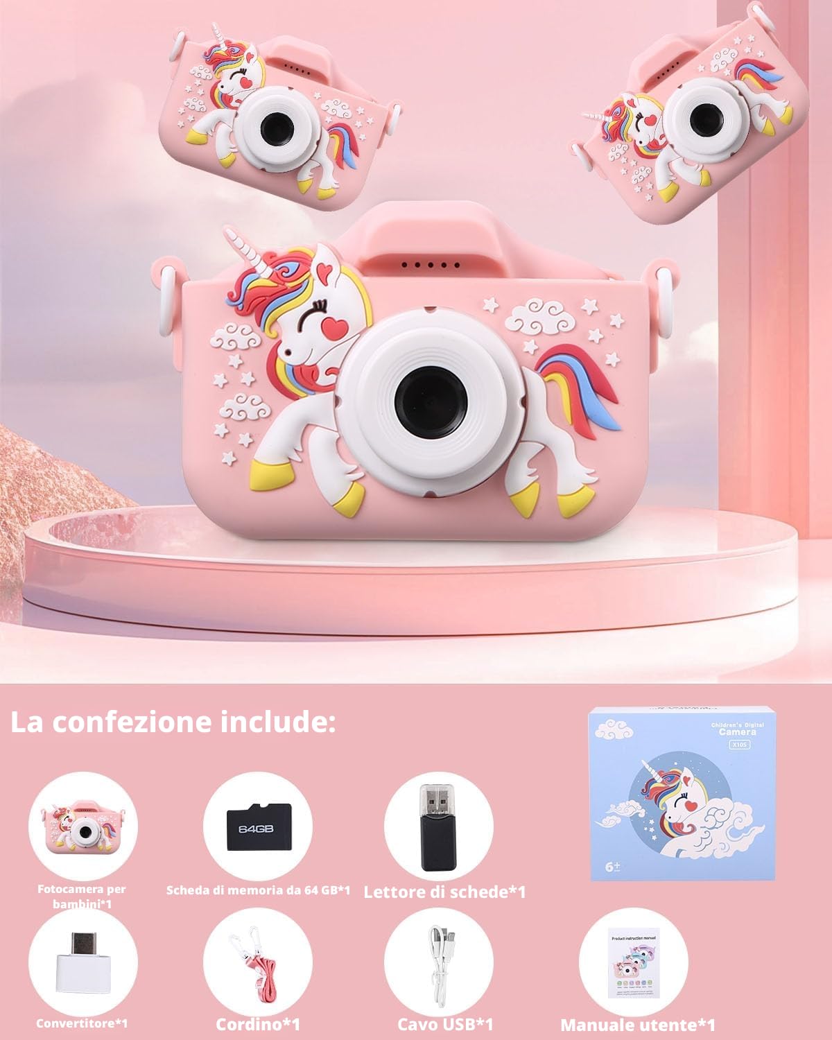 Macchina Fotografica Bambini,2.0 Pollici Schermo Mini Ricaricabile Fotocamera Digitale,1080P HD Videocamera Regalo Giocattolo di Natale & Compleanno per Ragazze Ragazzi 3-10 Anni,con Scheda 64GB