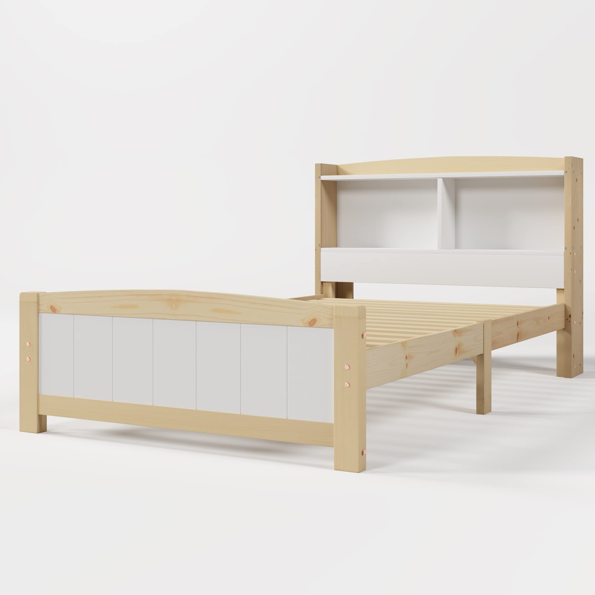 Merax Cama infantil 90x200cm, espacio de almacenamiento de madera maciza individual con soporte de exposición, cama juvenil con somier y cabecero, práctica estructura de cama para habitación infantil