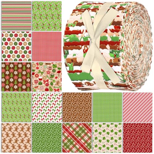 Ganeen 100 Pcs 2.56'' Christmas Red Green Jelly Fabric Strips for Quilting