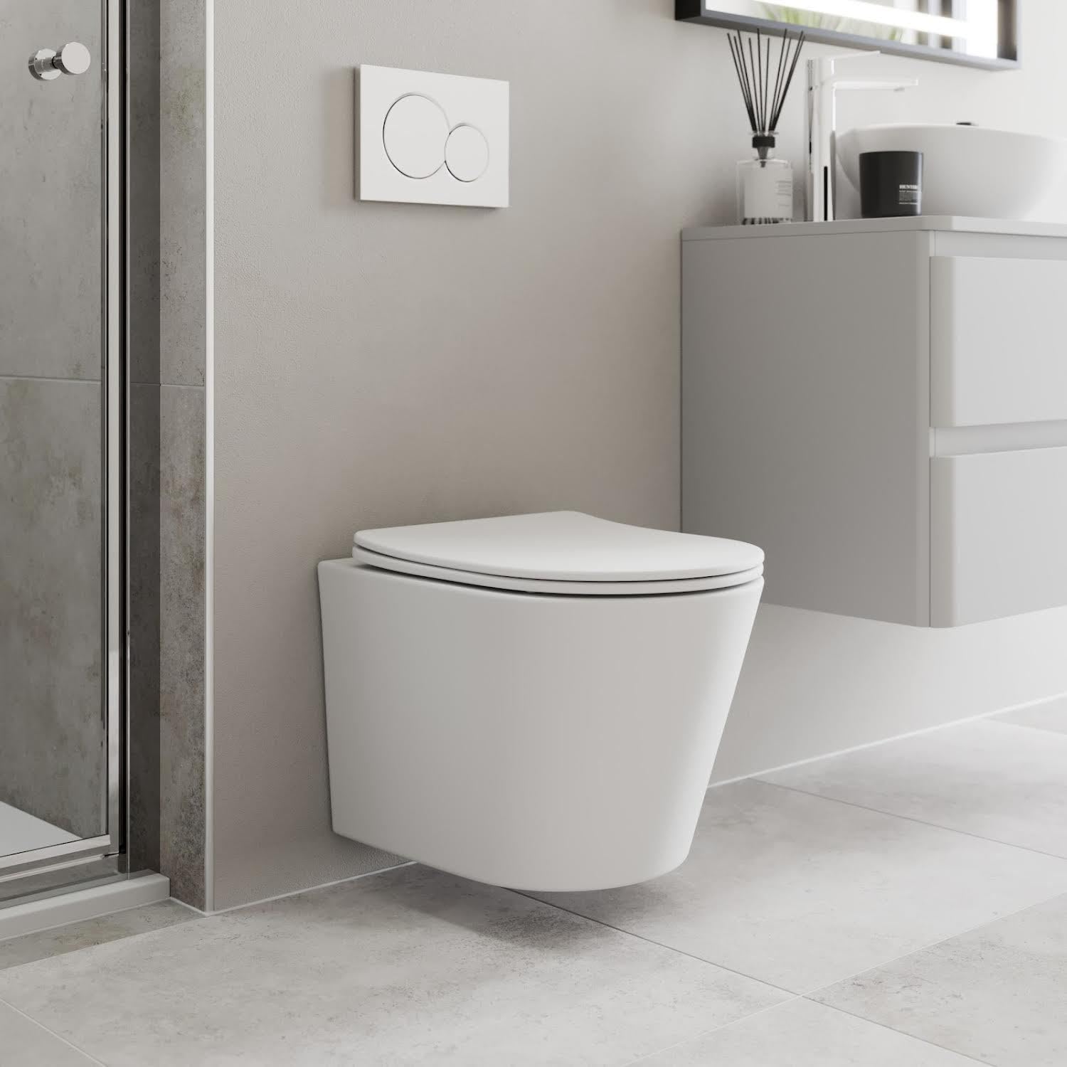 Affine® Terre Modern Bathroom Cloakroom Wall Hung Rimless Toilet Space Saving WC Toilets Soft Close Top Fix Seat D Shape Pan Ceramic, Matt White