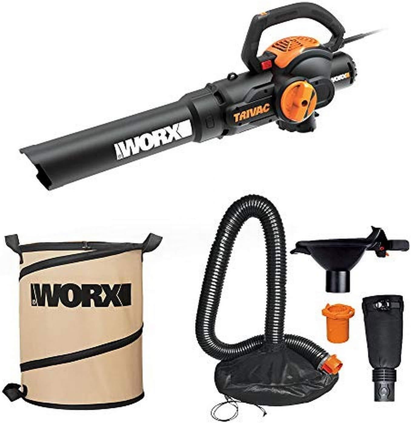 WORX WG512 Trivac 2.0 Electric 12-amp 3-in-1 Vacuum Blower/Mulcher/Vac with LeafPro Universal Leaf Collection System and Landscaping 26-Gallon Collapsible Yard Waste Bag/Leaf Bin