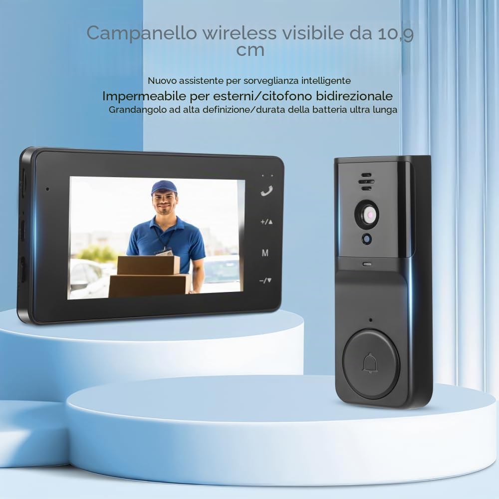 Video Campanello con Telecamera, 1080P HD Wireless Campanello, IP65 Impermeabile, Display IPS da 4,3" con Citofono e Visione Notturna, Angolo di Rilevamento 80° (Nero)