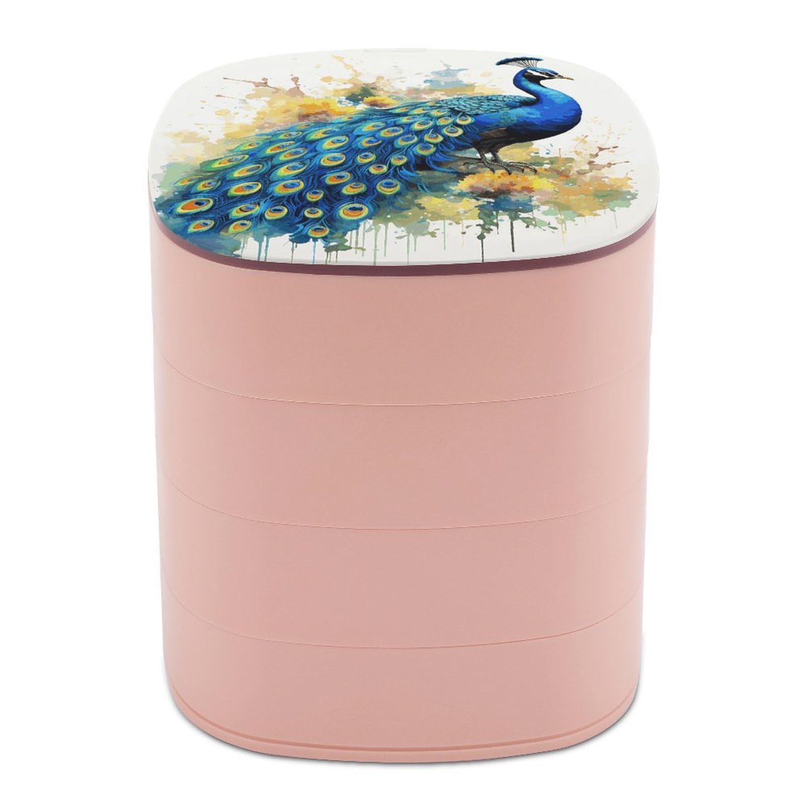 JTREHY Peacock Watercolor Painting Jewelry Box 4-Layer Covered Rotating Jewelry Storage Box Large Capacity Storage Boxes Portable Jewelry Case for Bracelets Earrings Necklace
