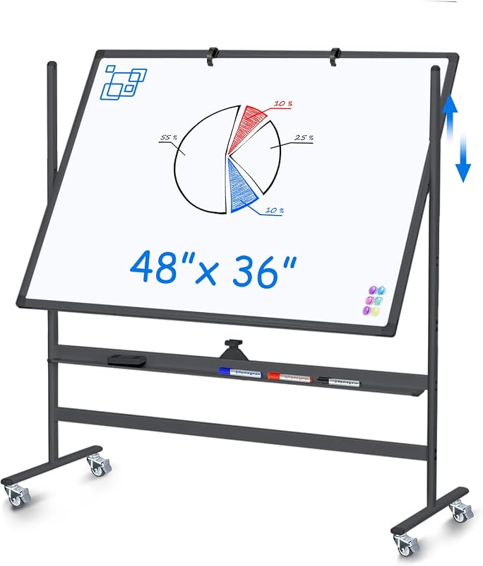 Pizarra blanca con ruedas Maxtek de 48 x 36 pulgadas, magnética de doble cara negra | Pizarra celular de borrado en seco con soporte, caballete con marco de aluminio, superficie de escritura Reversible para oficina, aula, escuela, escuela en casa
