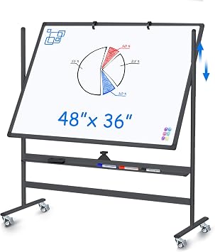Maxtek Rolling White Board on Wheels 48x36 in, Double-Sided Magnetic Black | Mobile Dry Erase Board with Stand, Aluminum Frame Easel, Reversible Writing Surface for Office, Classroom School Homeschool