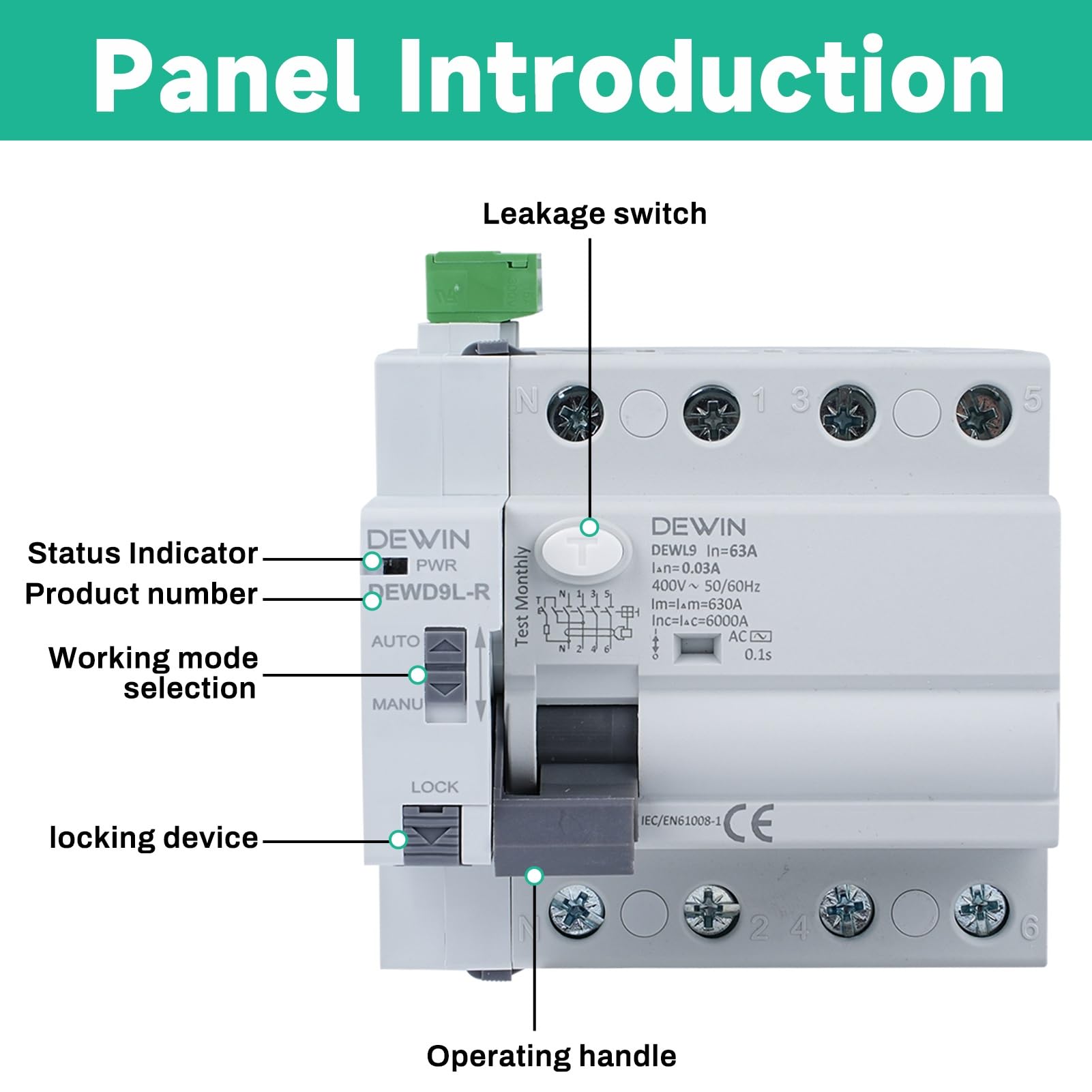 DEWIN FI-Schutzschalter mit Automatische Wiedereinschaltung, DEWD9L-R RCCB Automatisches Wiedereinschaltgerät Leistungsschalter Smart Breaker 4P 63A 30mA AC 400V