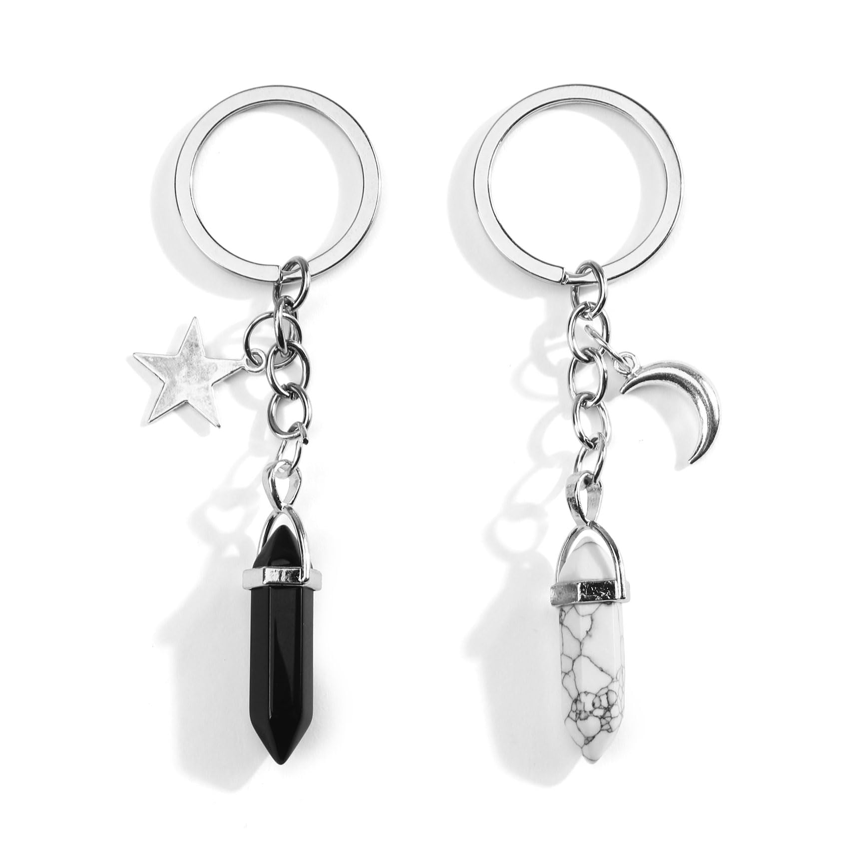 2er Set Kristall Stein-Schlüsselanhänger Sonne und Mond, Kristalle Schlüsselanhänger für Freunde, schwarzer Lebensstein mit Pentagramm und weißer Lebensstein mit Mond, Kristalle Keyring Chain