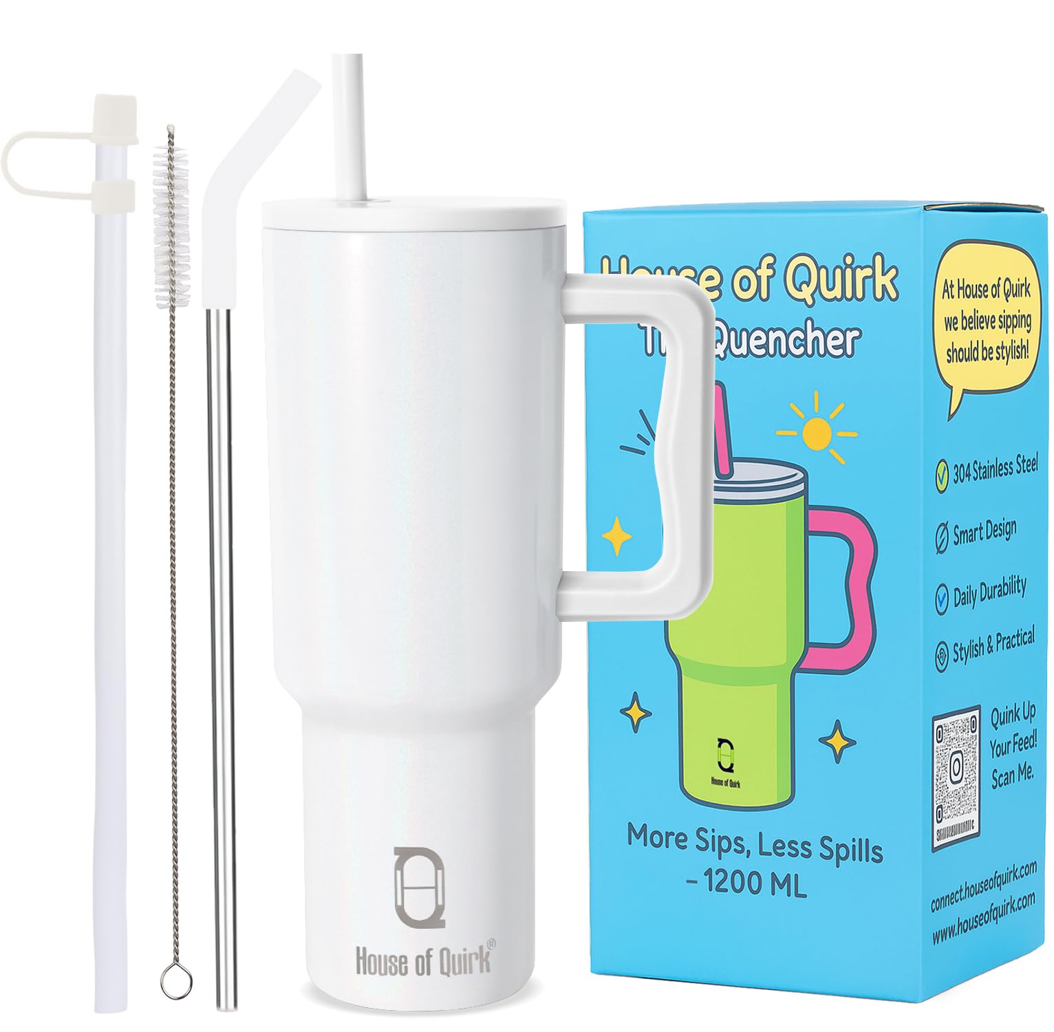 House of Quirk 1200ML Stainless Steel Tumbler with Handle & Lid, 2 Straws – Large Travel Mug Water Cup for Gym, Office & Outdoor Use (Shiny White)