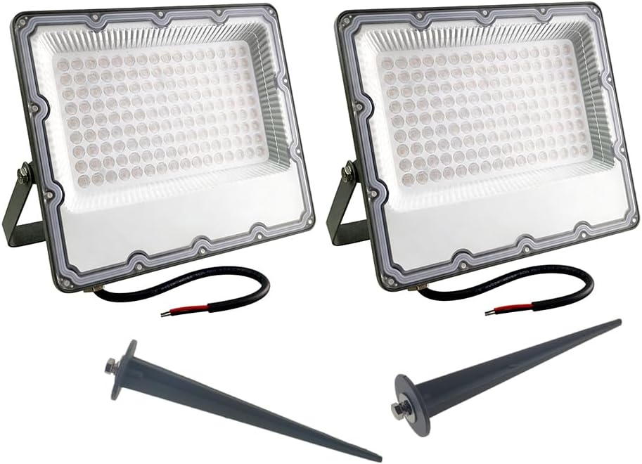 QUANS 2-Pack 50W LED Flood Lights Cool White 6000K, 12V-60V DC AC Low Voltage Waterproof Outdoor Lighting for Garden, Pathway, Security with Stake Stakes