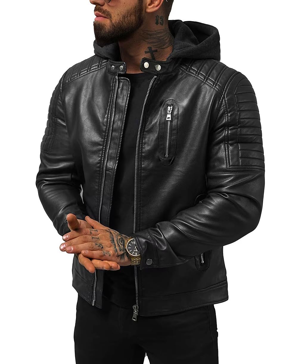 Blaq Ash Men's Faux Leather Hooded Motorcycle Jacket, Zip-Up, with Pockets Removable Hood
