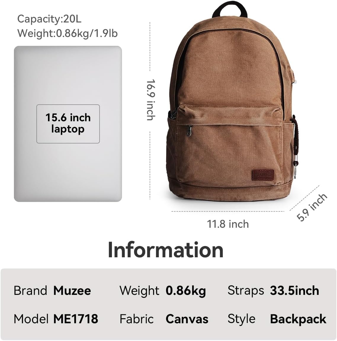 Muzze Canvas Backpack for Women and Men, Lightweight Classic Laptop Backpack with USB Charging Port for School, Travel and Daily Use, Khaki - Image 3