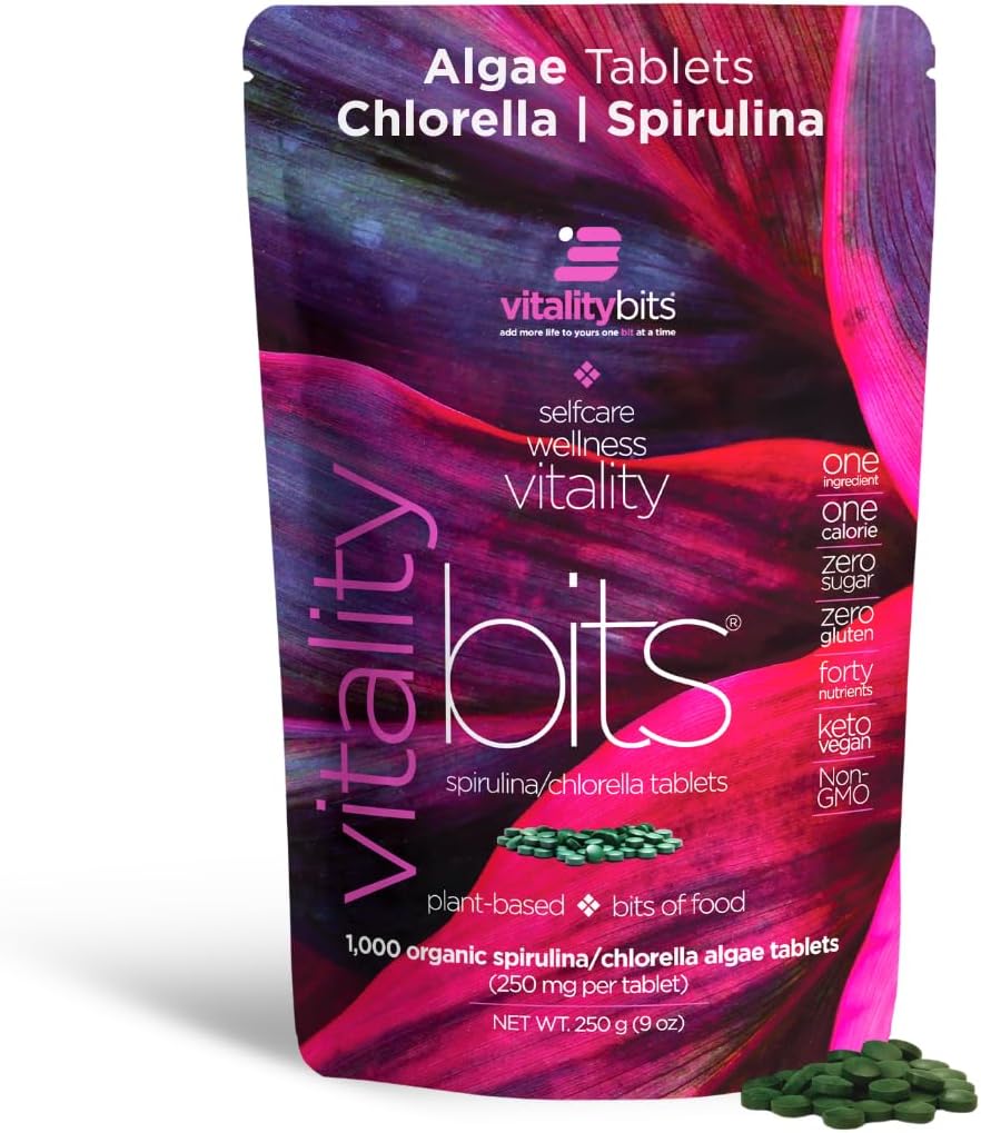 VITALITYbits - Organic Blended Spirulina & Chlorella Tablets - Algae Superfood - Energy, Self Care, Beauty - Replace Greens, Supplements, Protein, Snacks - Vegan, Keto, Gluten Free - 1000 Tablets Bag