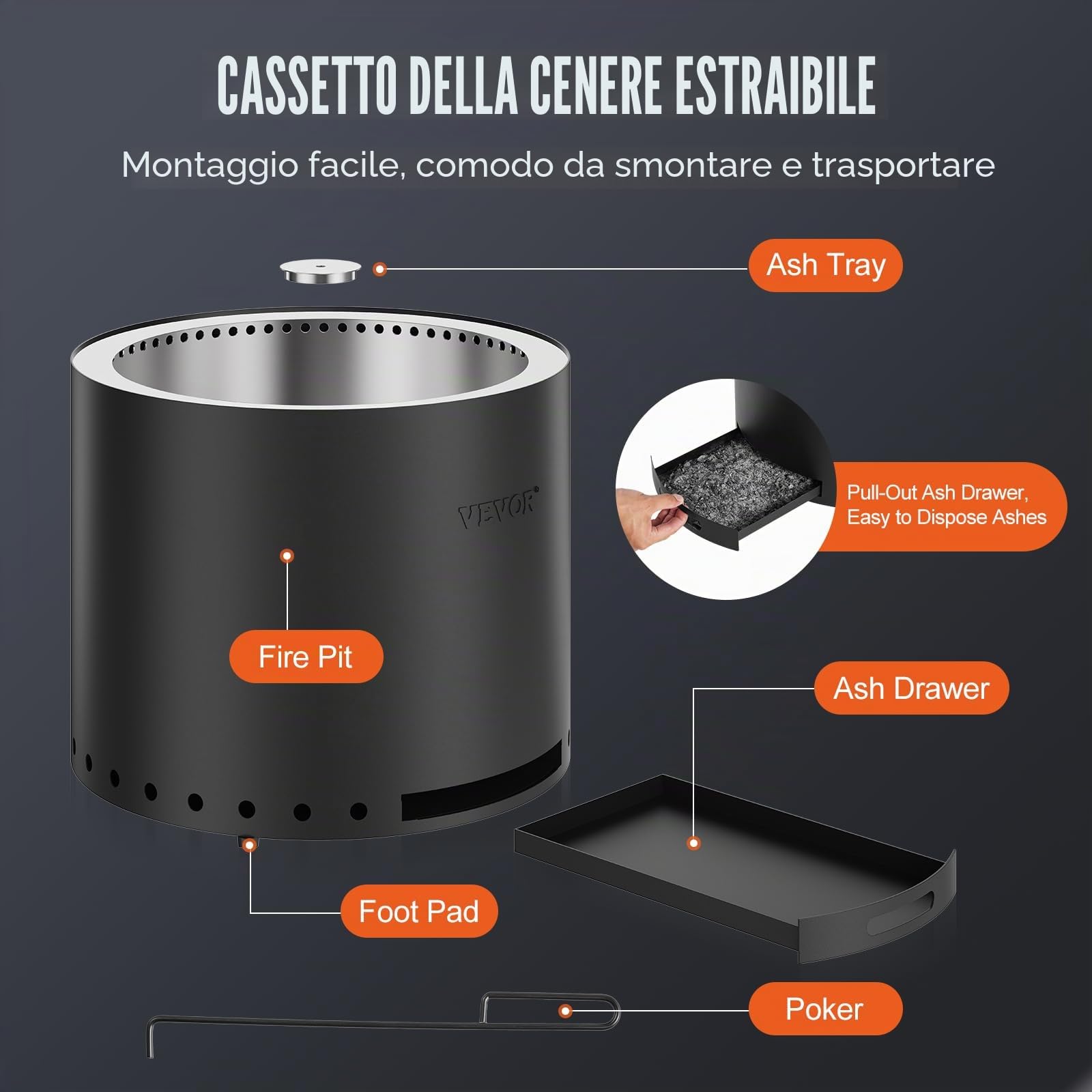 VEVOR Braciere a Legna Senza Fumo, 380x320mm, Braciere con Portacenere Rimovibile, Braciere da Esterno Portatile per Interni in Acciaio Inossidabile SUS430, per Giardino Cortile Campeggio da Esterno