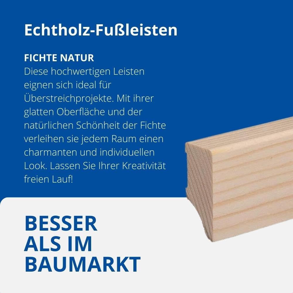 REESE | Massivholz-Sockelleisten | Fichte roh geschliffen | Weimarer Profil | 40mm Höhe | 10 Stück / 23lfm