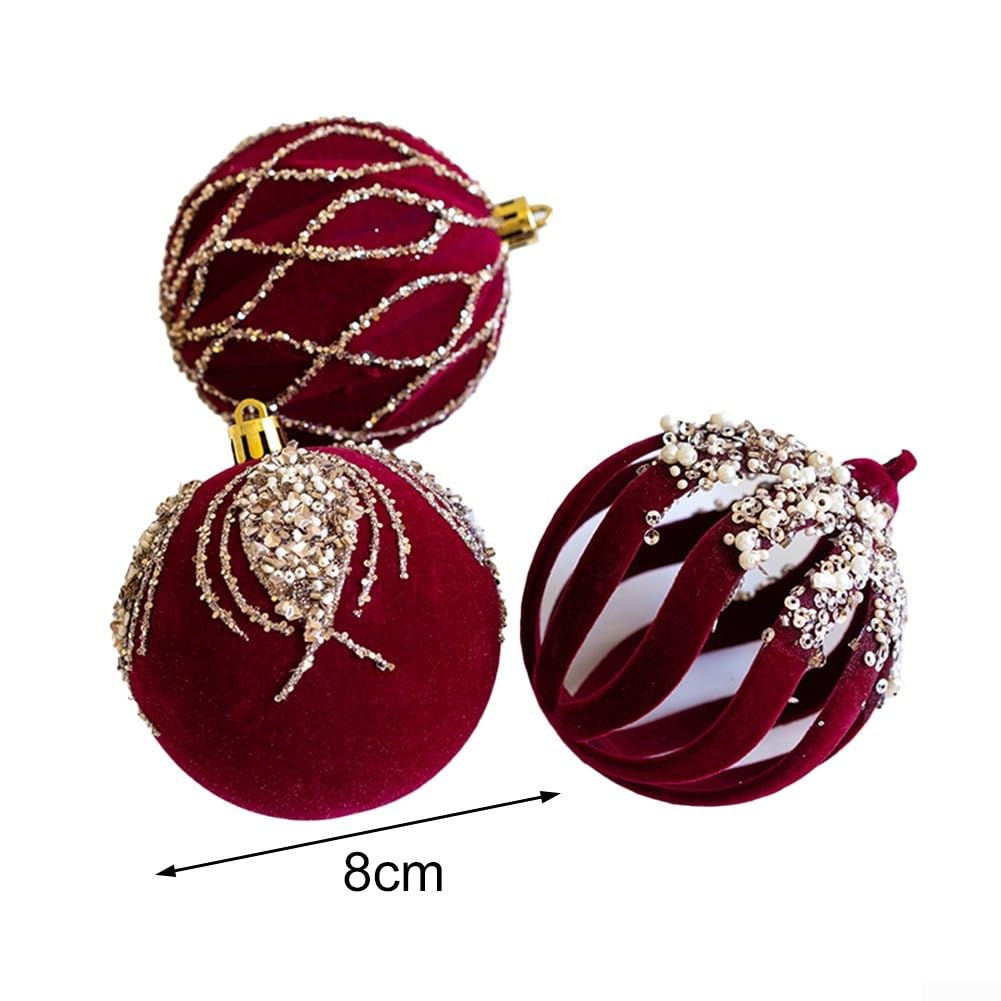 Lot De 28 Boules De Noël En Velours Floqué Incassables - Couleurs Rouge Vin, Beige, Marron, Vert
