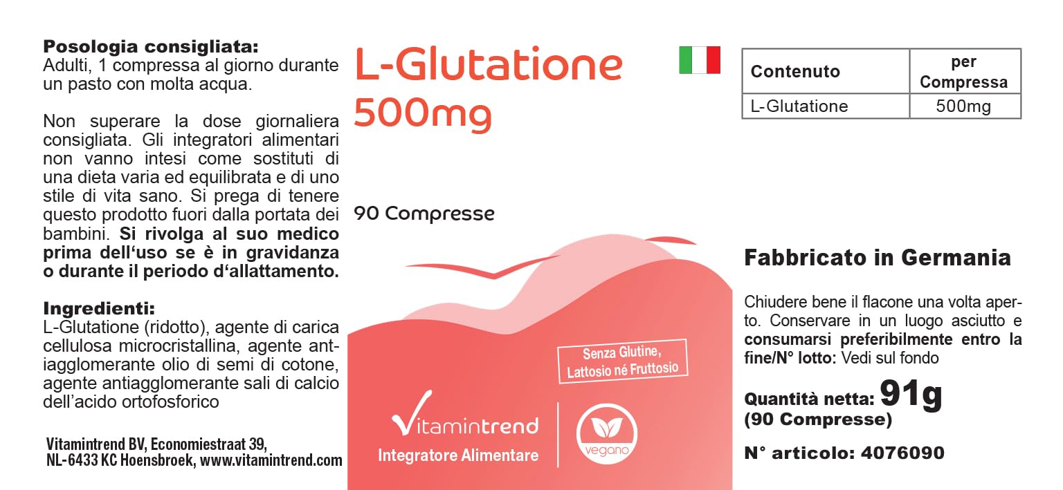 Vitamintrend L-Glutathion 500 mg, 90 comprimés, hautement dosé, complément alimentaire végan sans stéarate de magnésium, fabriqué en Allemagne