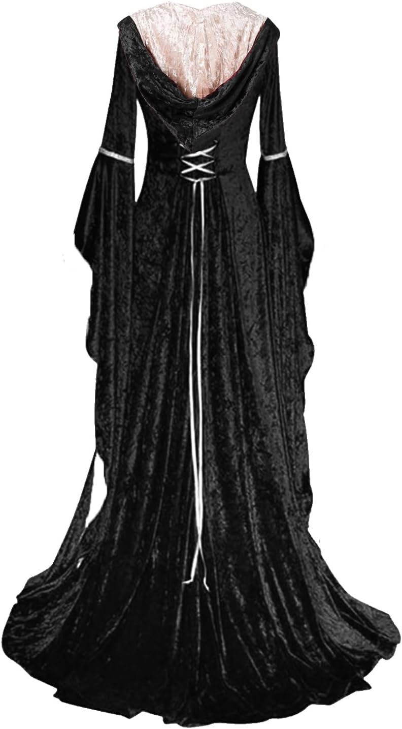 PYAEAS Womens Renaissance Velvet Dress Halloween Victorian Hooded Gown Dresses Medieval Gothic Vampire Costumes Cosplay - Image 3