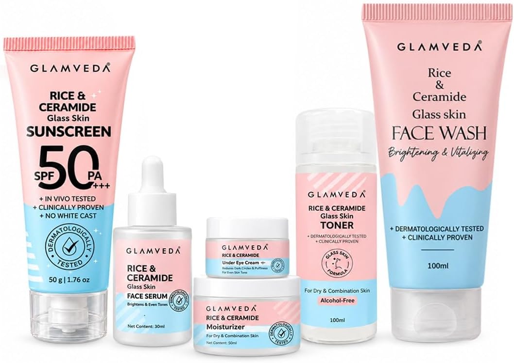 Korean Rice & Ceramide 6 Step Daily Skincare Routine For Women with Gift Box | Face wash, Toner, Serum, Under eye cream, Moisturizer & Sunscreen