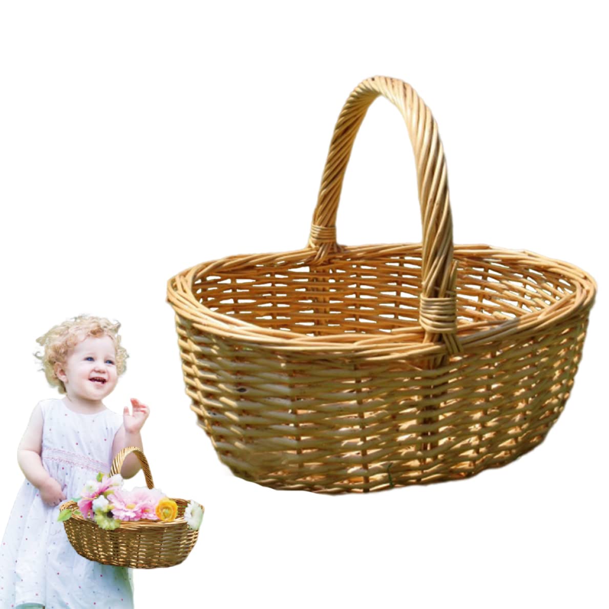 Panier Osier, Panier en Osier avec Anse Pique-Nique Panier Cadeau Vide Rustique Panier De Panier Ovale Avec Doublure Pour Fourniture De Fête 35x27x13 cm Beige