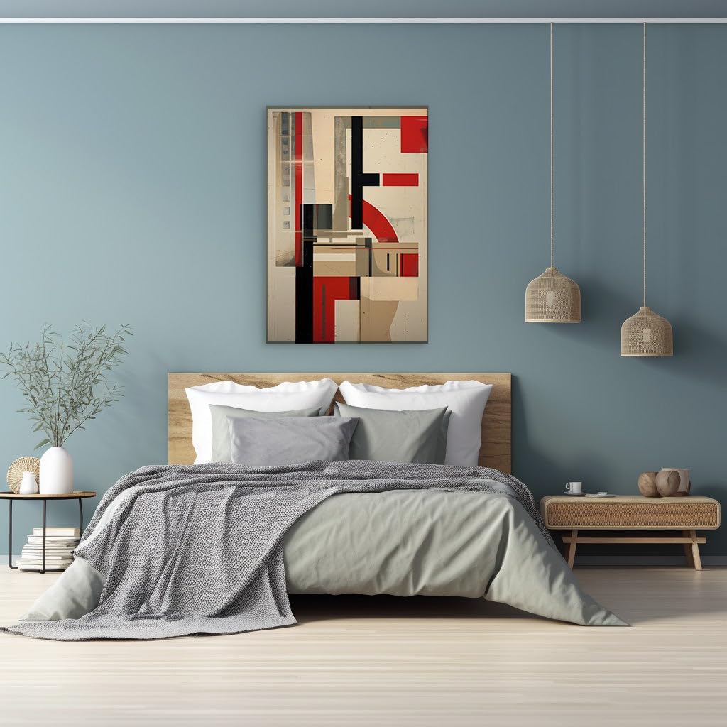 Canvas for Living room. Geometric Whispers in Red and Black - Unveiling the Essence of Abstract Motion, 27 x 18 inch Canvas Wall Art - Ready to Hang - 69x46 cm (27x18 inch)