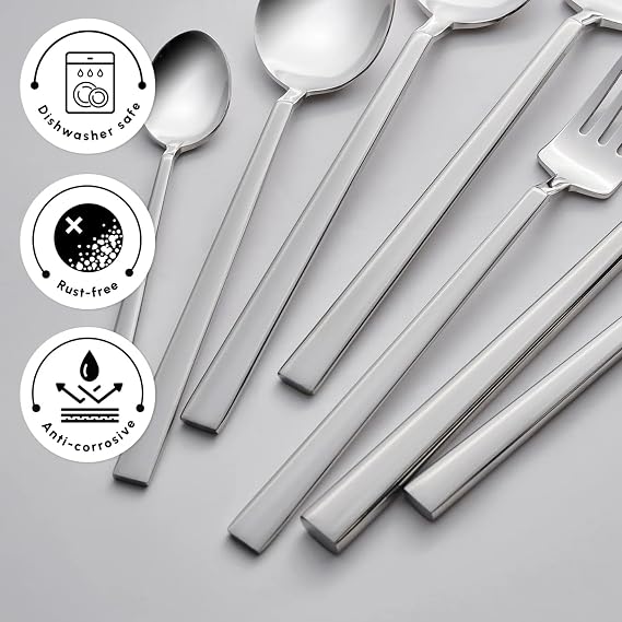 Karaca Carmelo Silverware Set For 12, 91-Piece Everyday Flatware Set, Service For 12, Premium 18/10 Stainless Steel, Heavy Duty Luxury Cutlery with Serving Utensils, Mirror Polished Platinum Finish