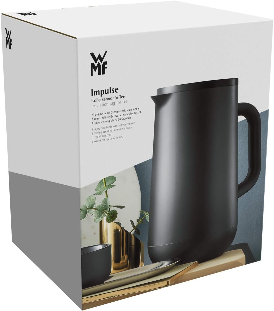 WMF Impulse Thermoskanne schwarz 1l, Isolierkanne für Tee oder Kaffee, Druckverschluss, Teekanne Thermoskanne hält Getränke 24h kalt & warm