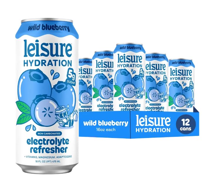 Leisure Hydration Non-Carbonated Electrolyte Refresher, Wild Blueberry Flavor - Low Sugar Nutrient Enhanced Water Beverage - Get The Best Hydration Packed w/ Magnesium & Ashwagandha For Mood & Stress Support, Non-GMO, 16 oz (12-Cans)