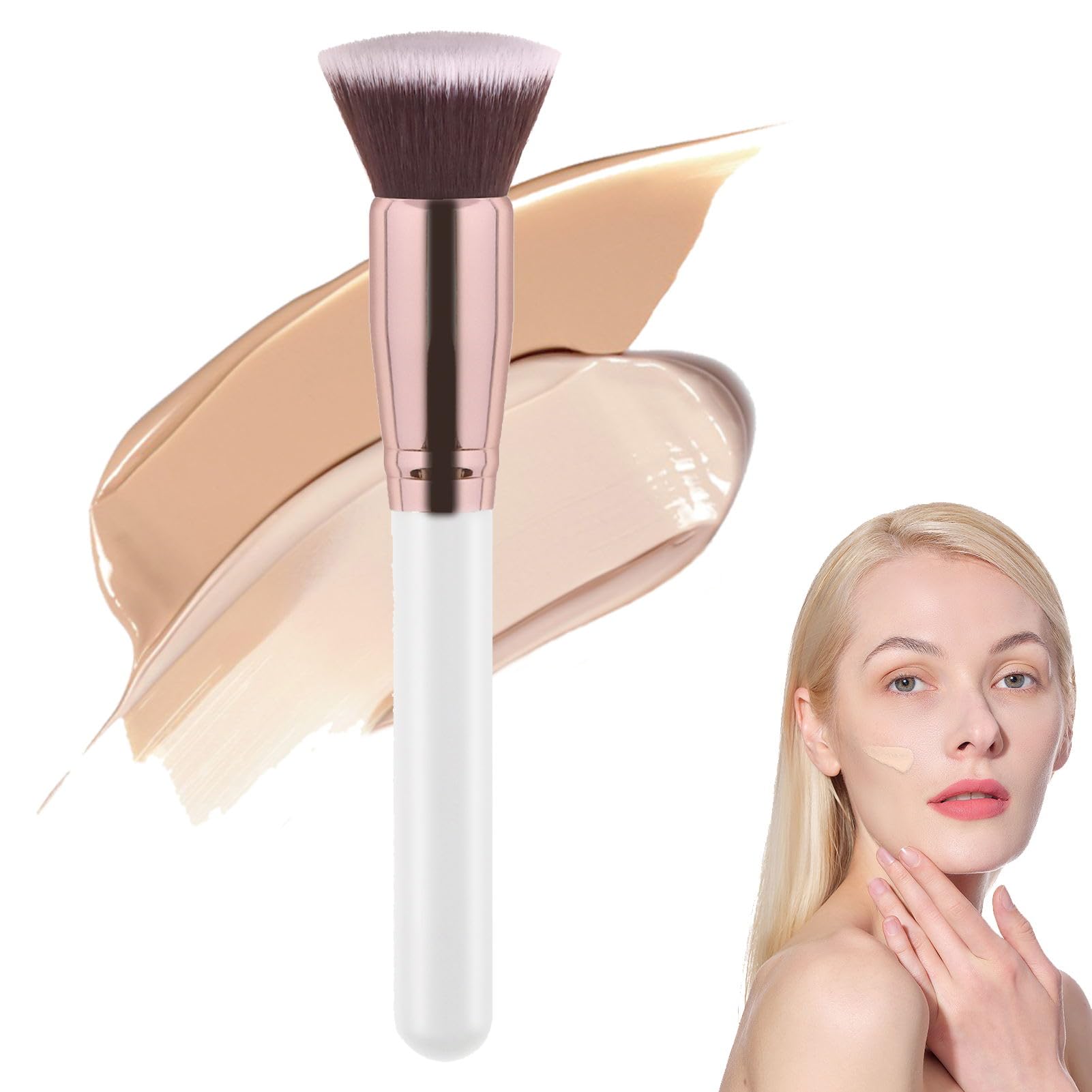 Brocha Base Maquillaje Fluido Kabuki Profesional - Base de Maquillaje Fluido Kabuki con Fibras Sintéticas Gruesas Oro Rosa - para Contornear y Aplicar Polvos