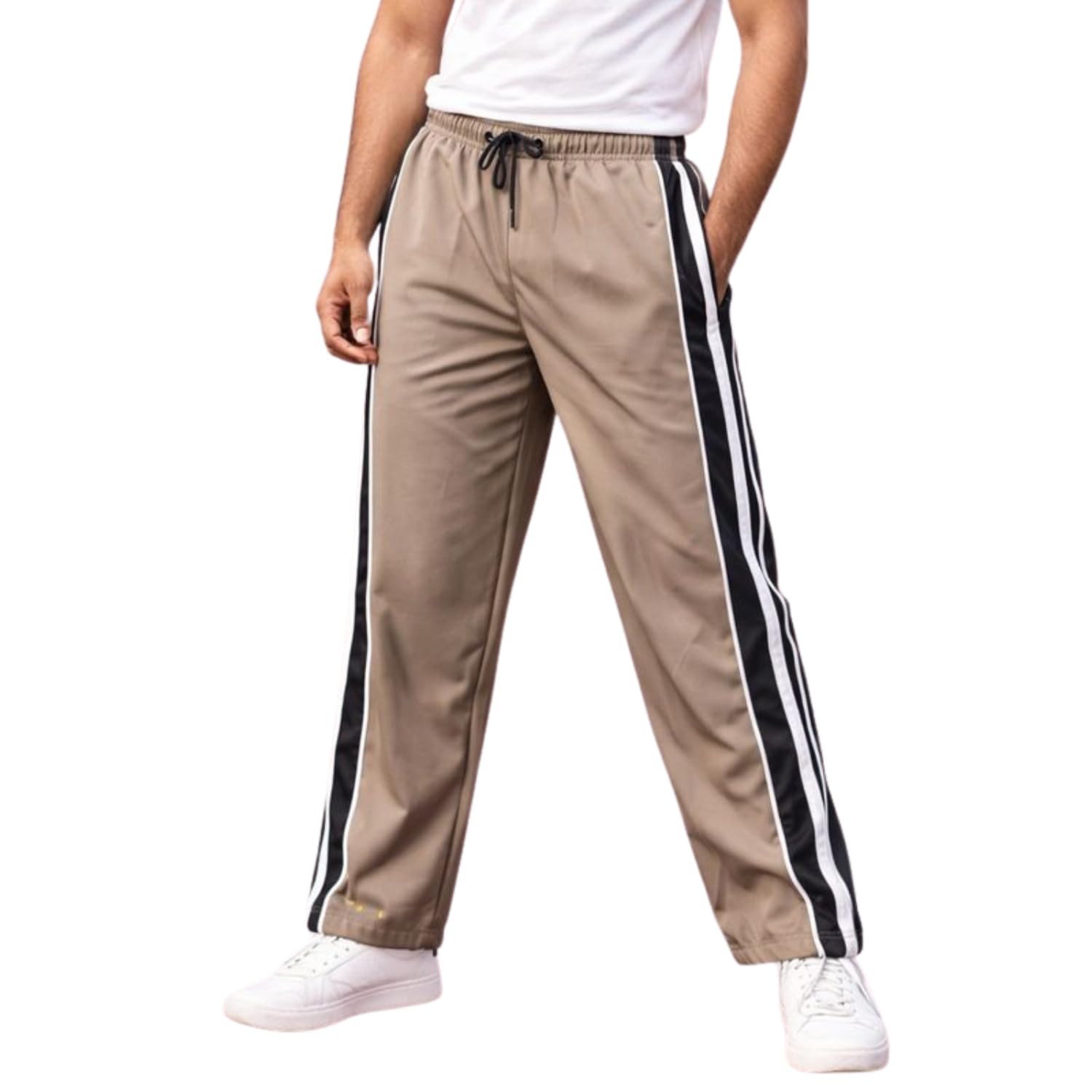 Rahees Ali Men’s Beige Track Pants with Black & White Side Stripes | Regular Fit Sports Lower | Elastic Waist Drawstring | Casual Gym Trouser for Men