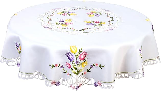 Embroidered Tulip Floral Tablecloth for Spring and Easters Round 70 inches Tablecloth