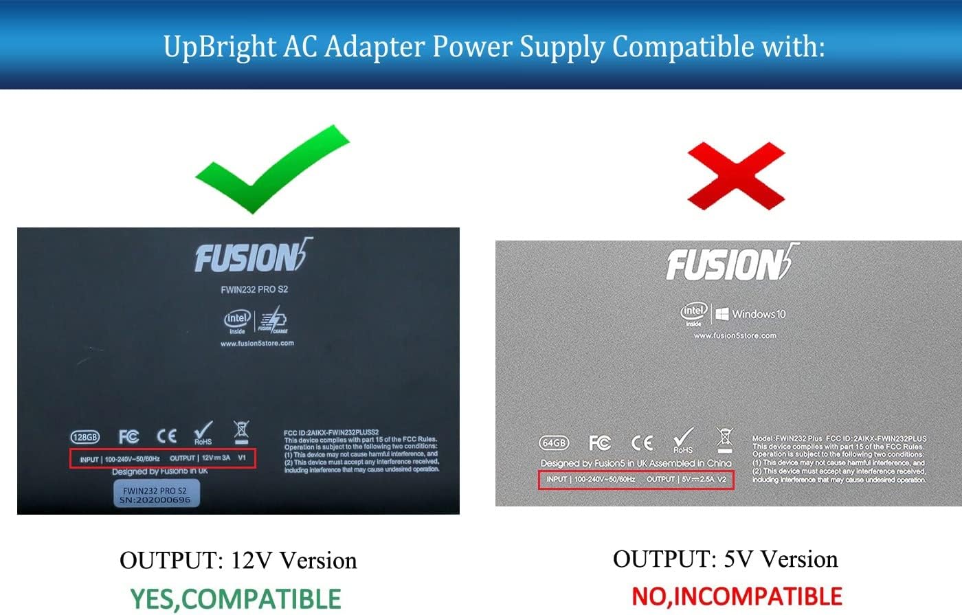 UpBright 12V 3A V1 AC/DC Adapter Compatible with Fusion5 FWIN232 PRO S2 S3 Plus S2 Fusion 5 Ultra Slim Windows Tablet 12VDC 12.0V Power Supply Cord Cable Battery Charger PSU (Not for FWIN232 Plus S1) : Electronics