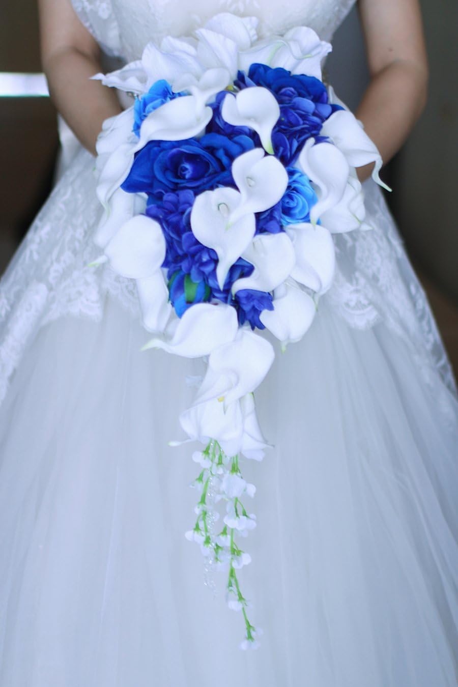 Royal Blue Bouquet, Bridal Bouquets for Wedding，White Calla Lily Bridal Bouquet, Water Drops Waterfall Shape, Luxury Jewelry Bouquet Romantic Wedding (No Jewelry)