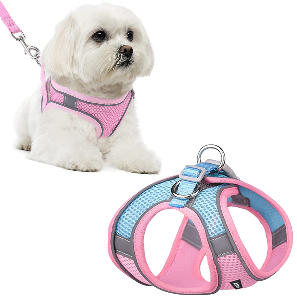Dog Harness and Leash Soft Mesh Set for Walking Step in Vest Harness Reflective Bands Adjustable No Pull Pet Supplies for Small Dogs and House Cats Pink - XS