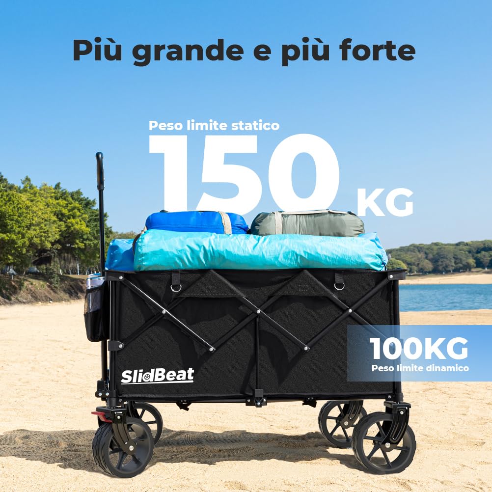 SLIDBEAT - Carrello da Giardino Pieghevole 220L, Carrello Spiaggia con Ruote Grandi, per Rimorchio per Giardino da Campeggio all'aperto Ogni Tipo di Terreno, Portata fino a 150kg