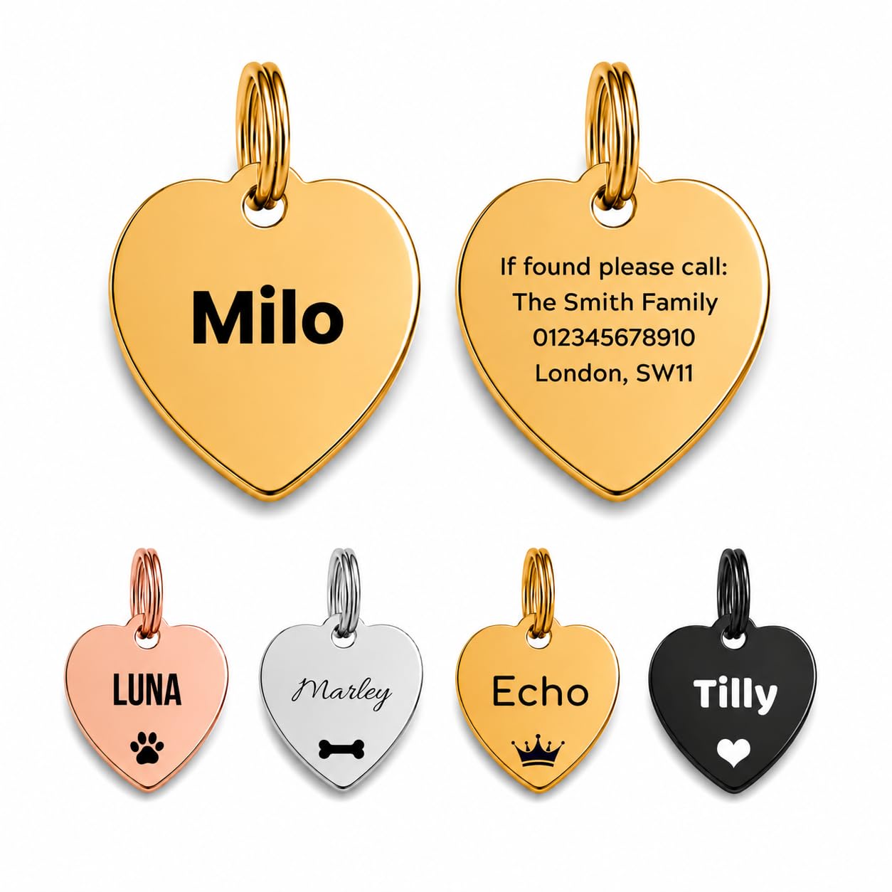 Personalised Stainless Steel Dog Tag – Gold Heart Pet ID Tag – Large 35mm