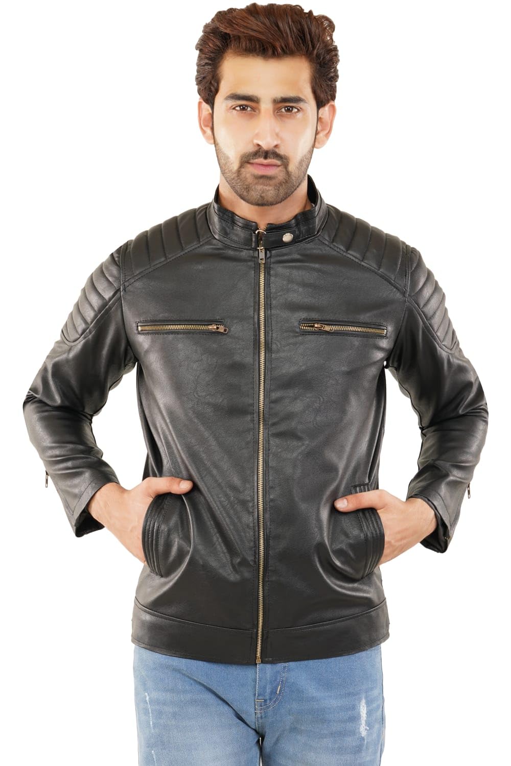 MD Retail Pading Leather Jackets for Mens Solid Regular Fit