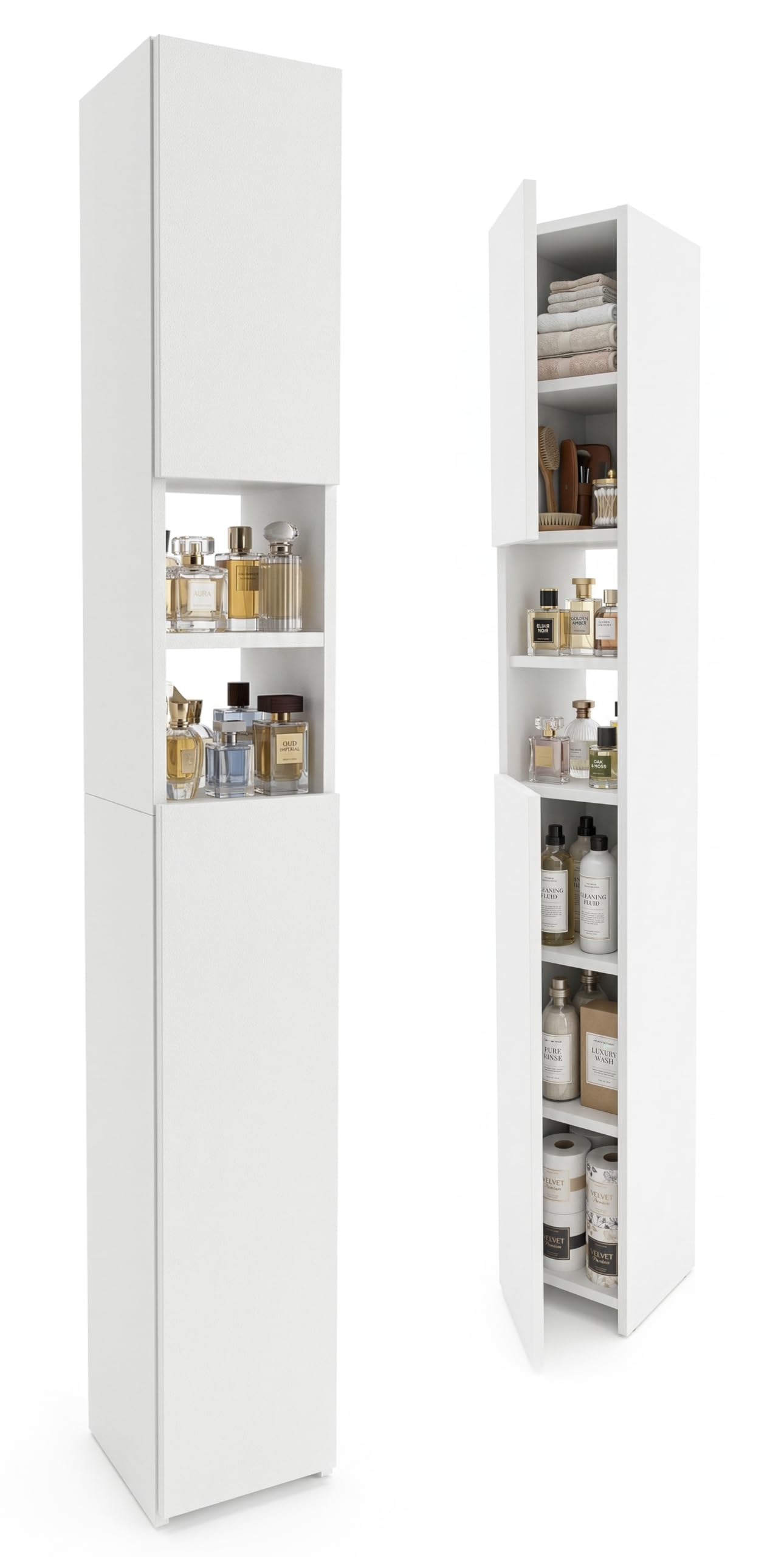 CraftPAK Badezimmerschrank 24 cm Breit, Badschrank, Hochschrank 7 Fächer Verstellbar 2 Türen Badezimmermöbel Badmöbel Schmal Holz Weiß