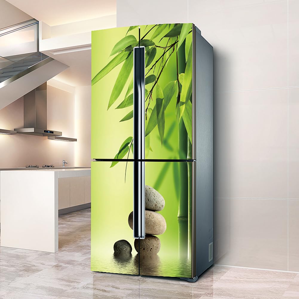 Myxjx Green Fridge Wrap, Full Covering Door Fridge Covers Skins Wall Stickers For Kitchen Decal, Bamboo Leaf Harmonious Stone