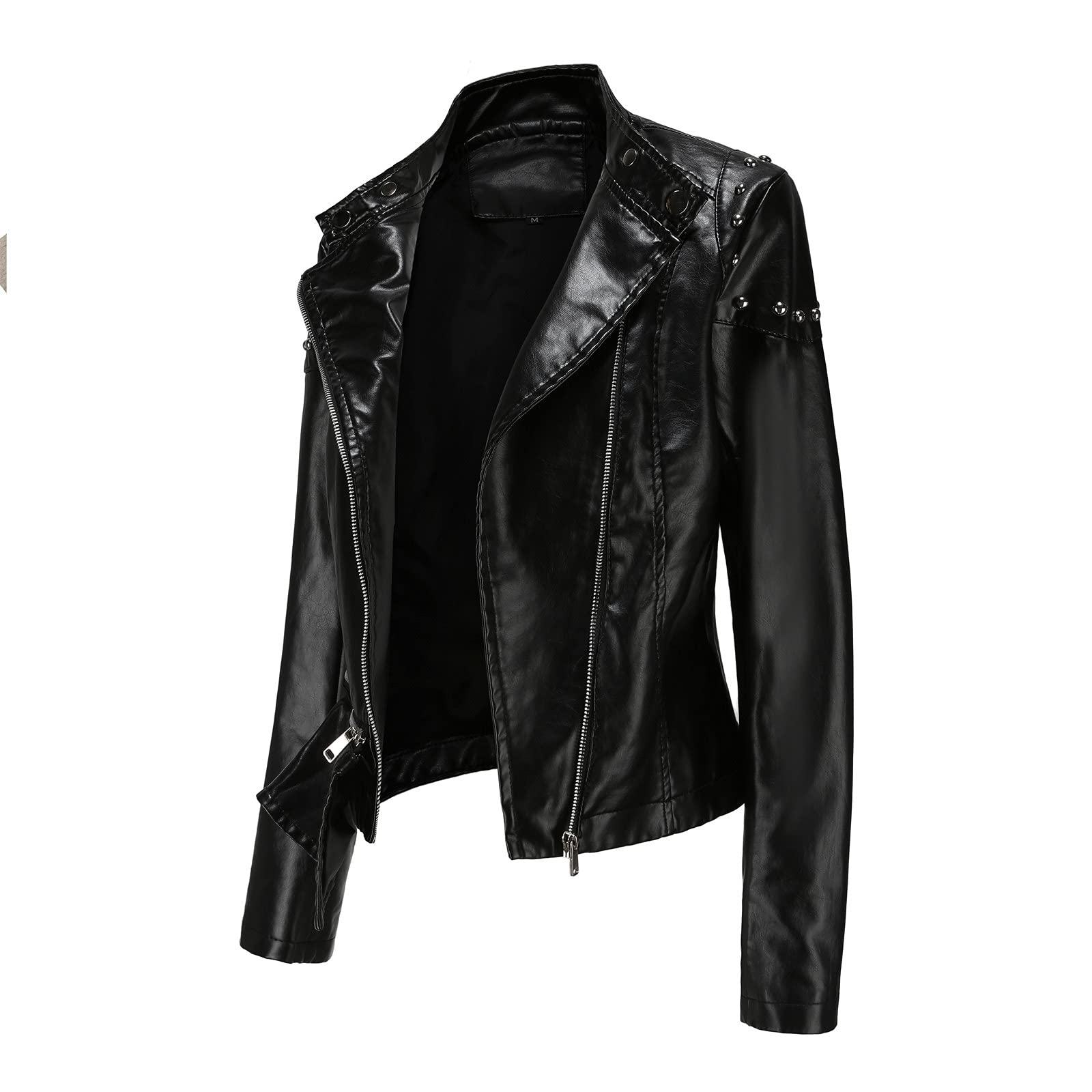 Chaqueta Mujer Invierno Abrigos De Cazadora Forro Polar，Chaqueta femenina de cuero sintético con cuello cremallera frontal bolsillos laterales diseño ajustado para motociclista abrigo ligero y modern