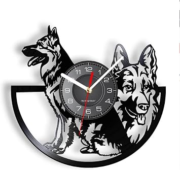 30cm Decorative Clock Germany Shepherd Wall Clock Made of Real Vinyl Record Animal Retro Wall Watch Dog Puppy Hanging Artwork for Pet Lovers for Room Decor