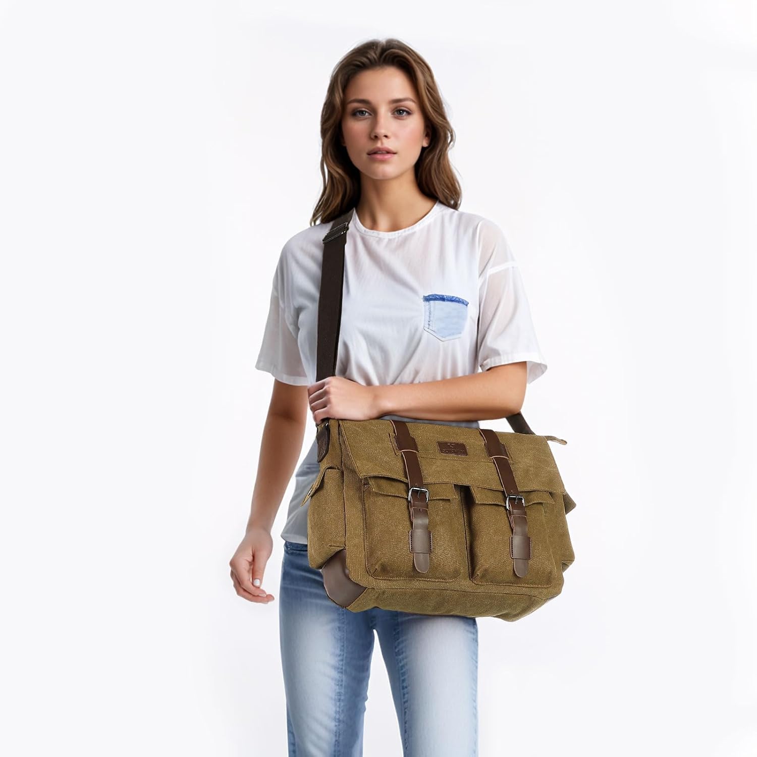Canvas Crossbody Bag for Men and Women, Vintage Shoulder Bag with Multiple Pockets and Adjustable Strap, Fits 13 Inch Laptops, Coffee - Image 6