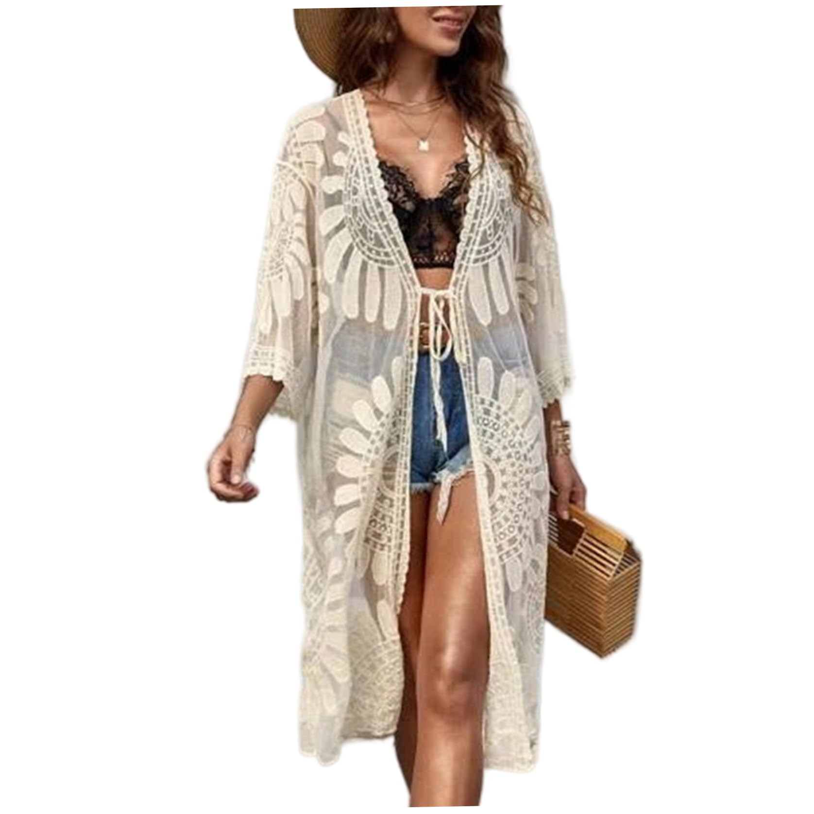 Ameble Unisex Beige Women Lace Kimono Swim Cover Up With Sunflower Embroidery, Lightweight Beach Coverup For Swimsuit, Flowy Summer Cardigan, Beach Vacation,